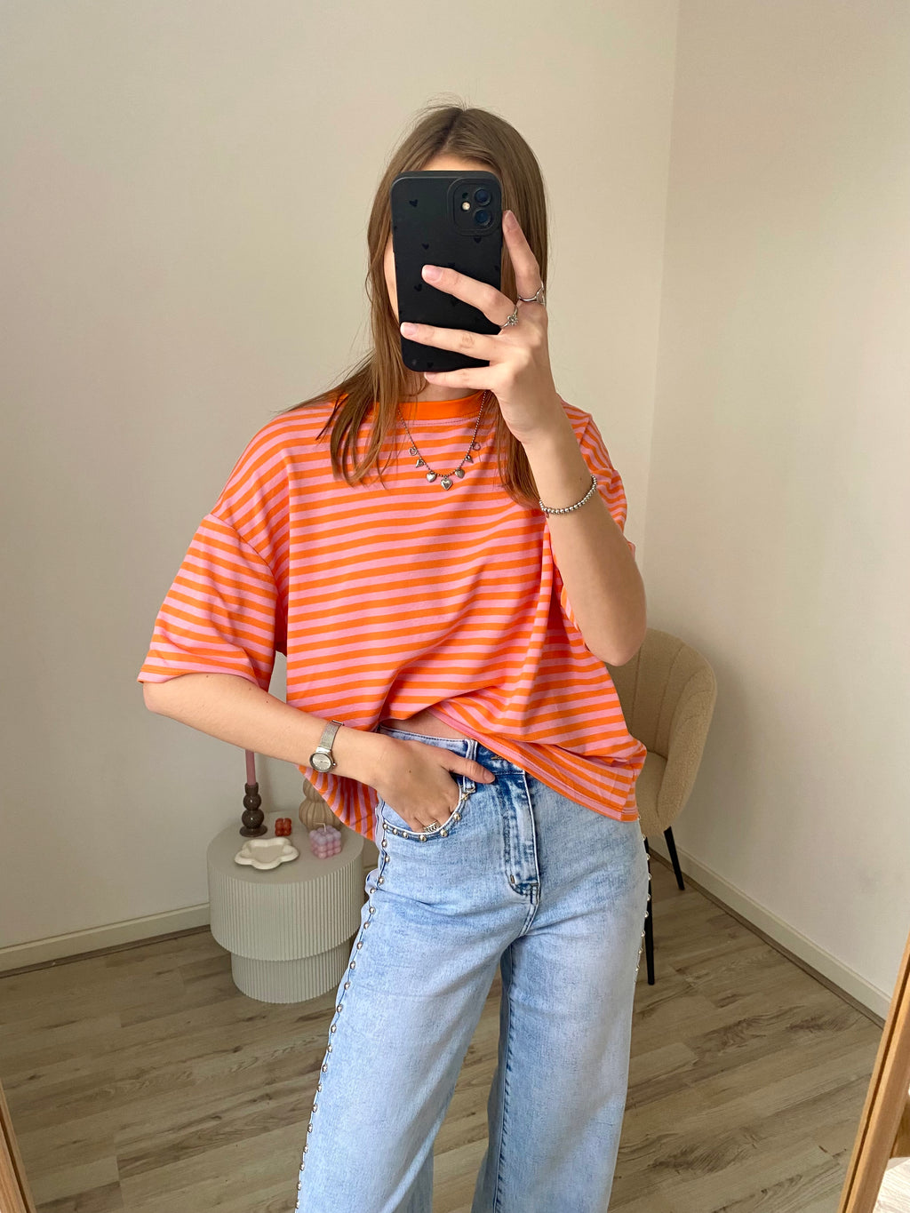 Oversized korte mouw shirt met strepen in oranje met roze