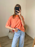 Oversized korte mouw shirt met strepen in oranje met roze