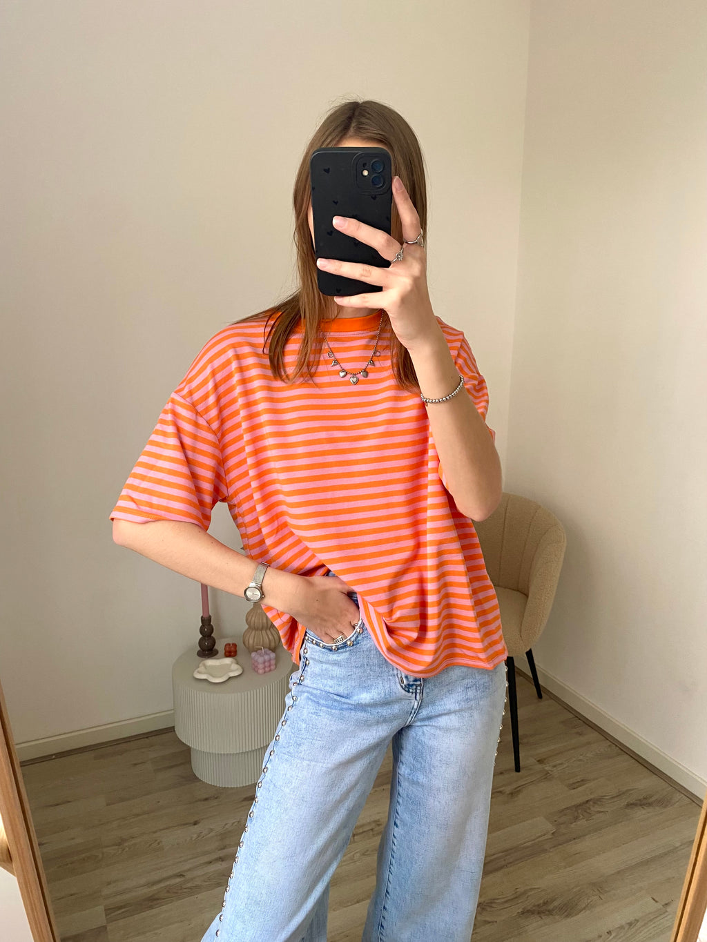 Oversized korte mouw shirt met strepen in oranje met roze
