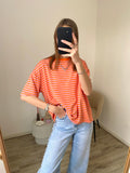 Oversized korte mouw shirt met strepen in oranje met roze