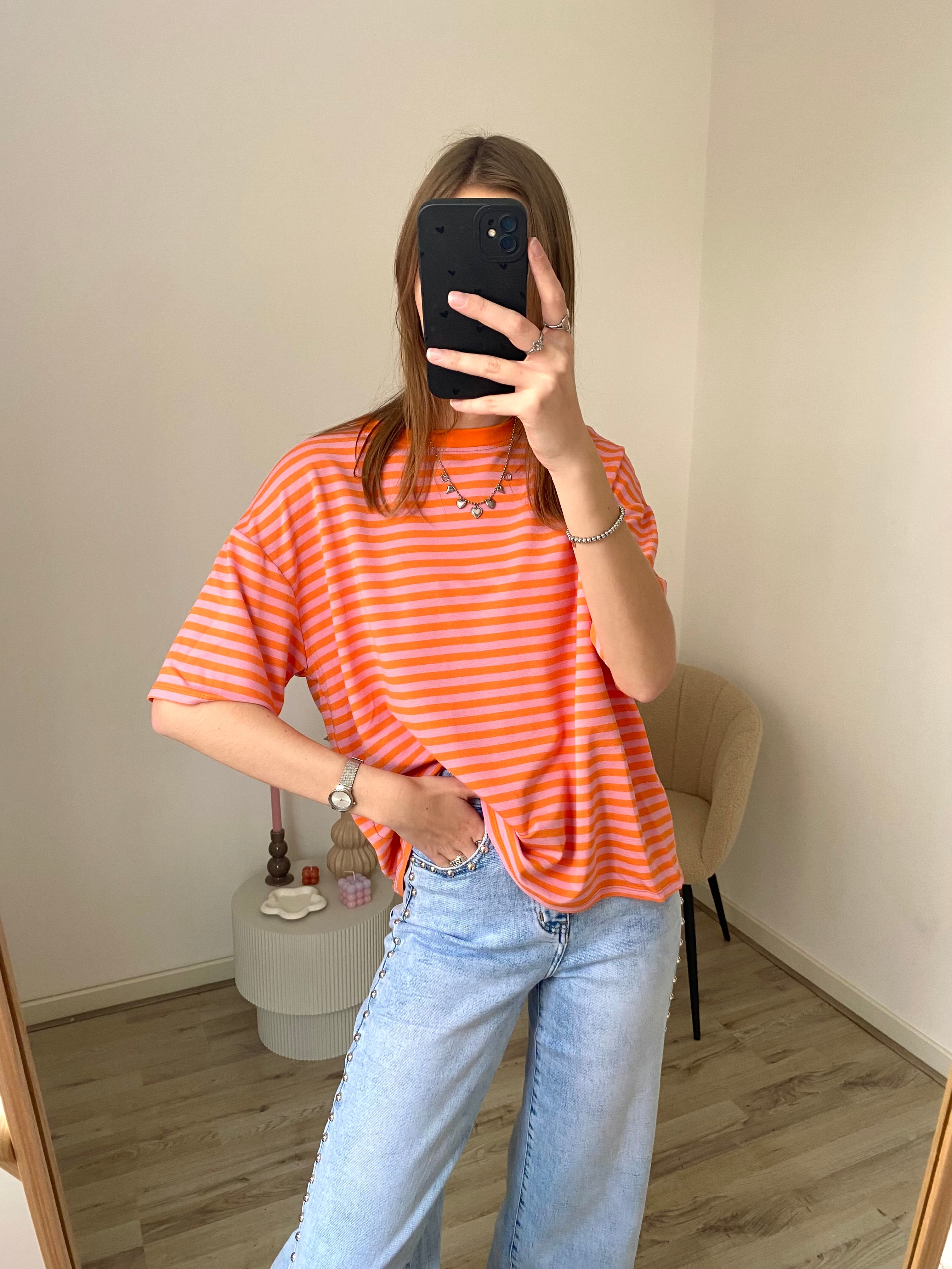 Oversized korte mouw shirt met strepen in oranje met roze