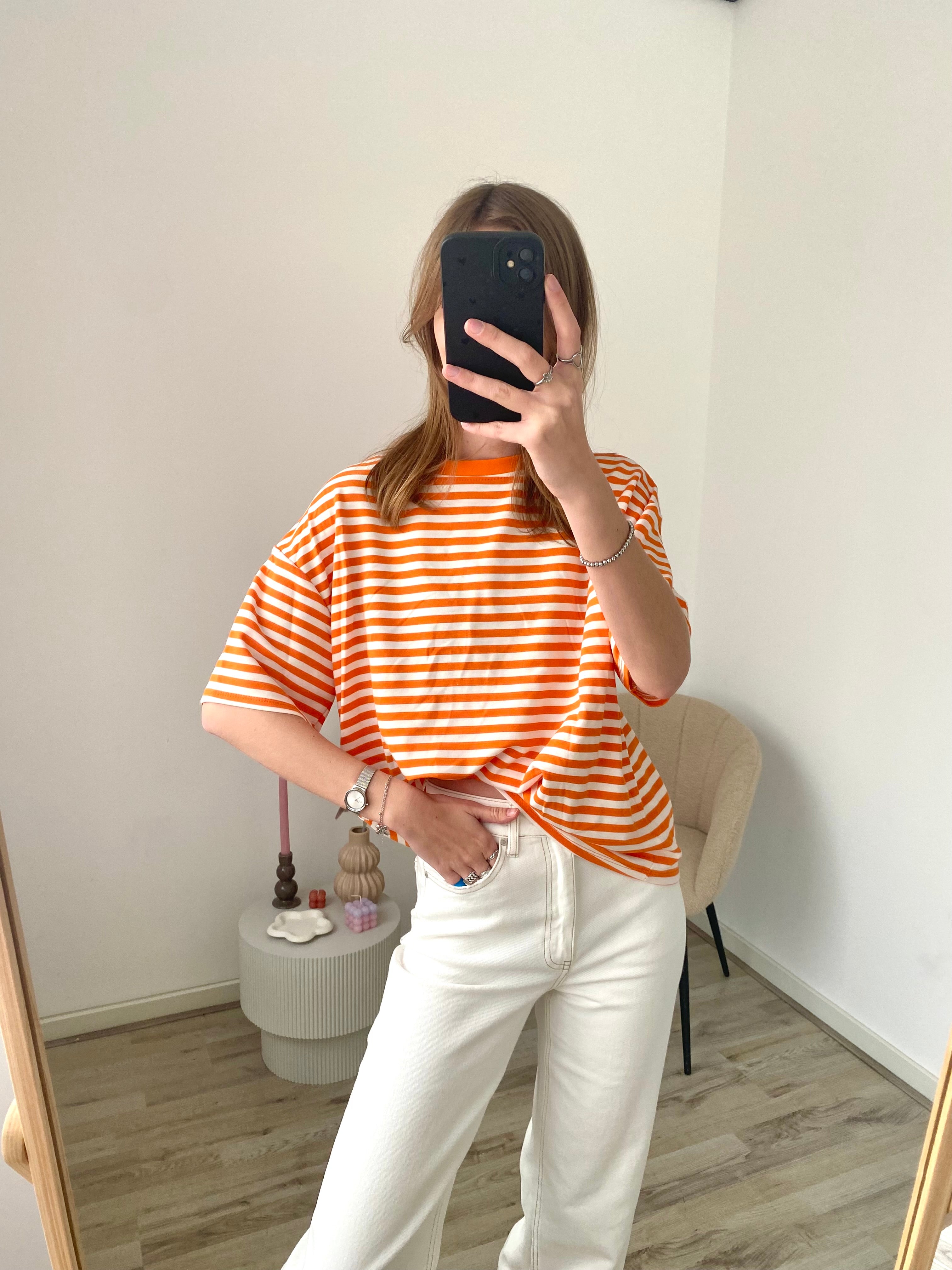 Oversized shirt met strepen in oranje met witte kleuren