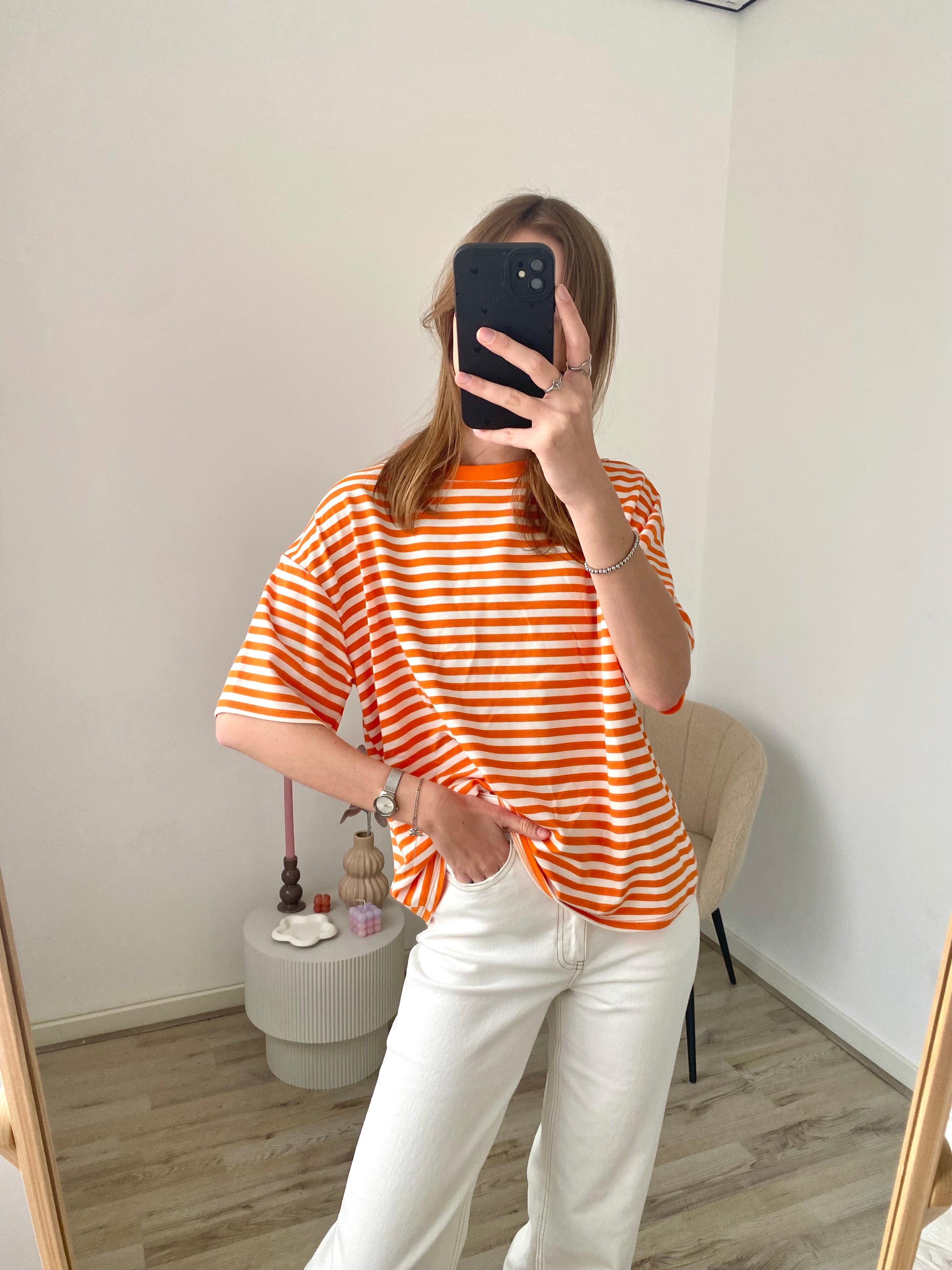 Oversized shirt met strepen in oranje met witte kleur