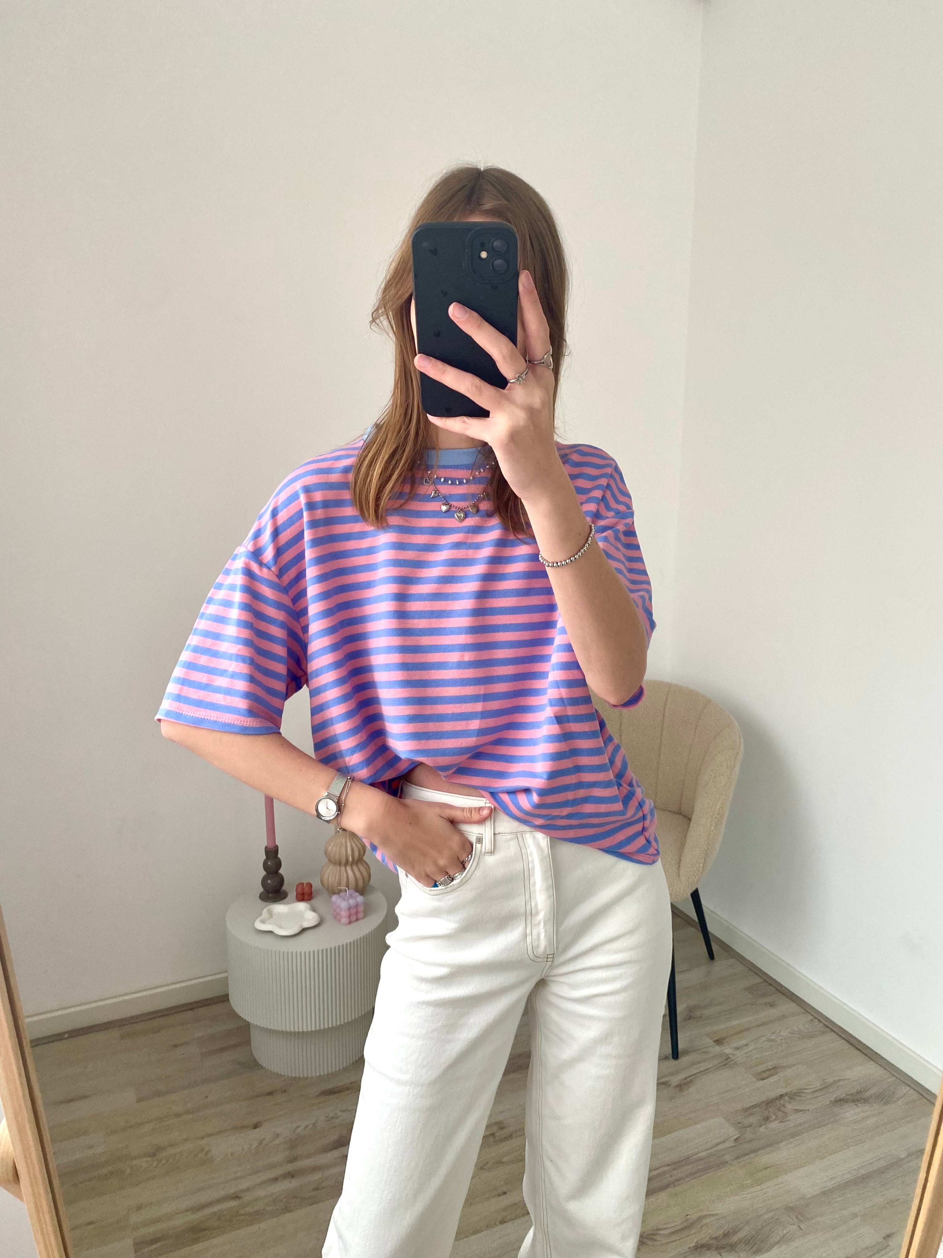 Oversized shirt met strepen in roze met blauw