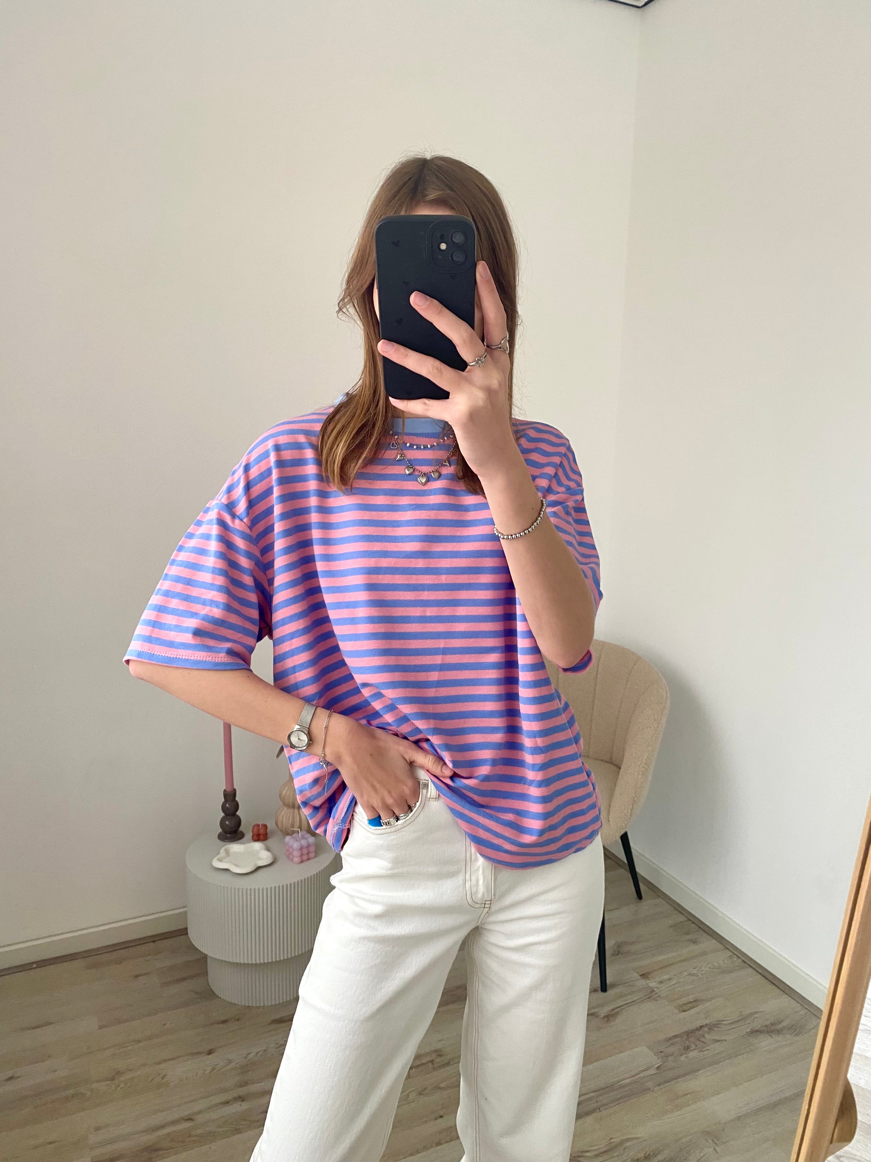Oversized shirt met strepen in roze en blauwe kleur
