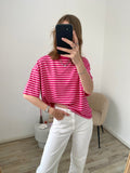 Shirt met korte mouw en strepen in roze met fuchsia