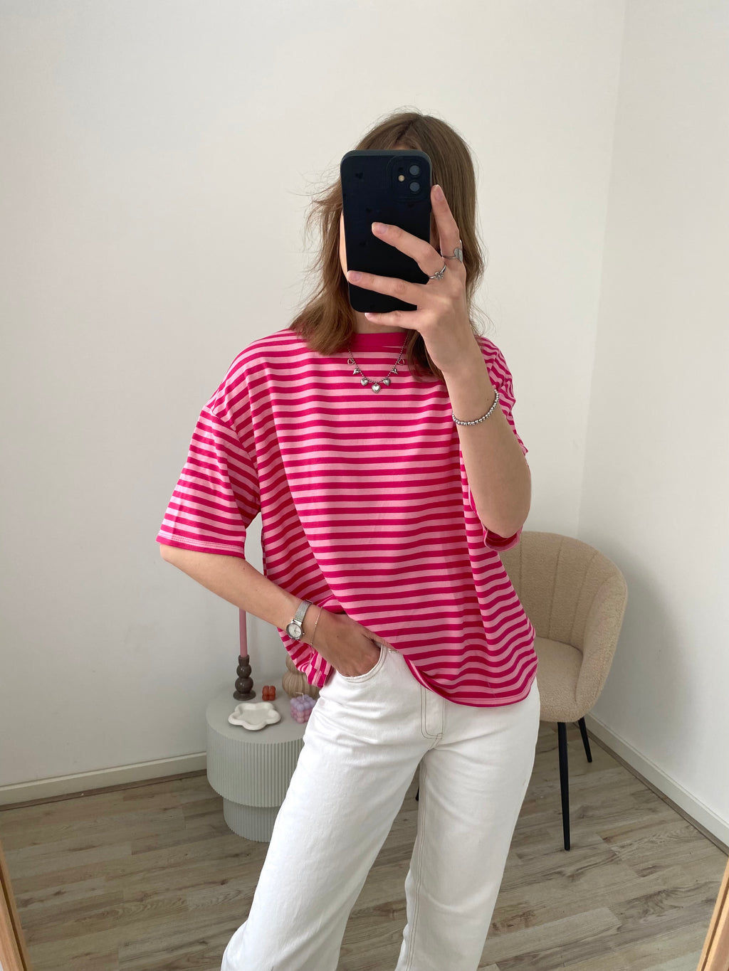 Shirt met korte mouw en strepen in het roze met fuchsia 