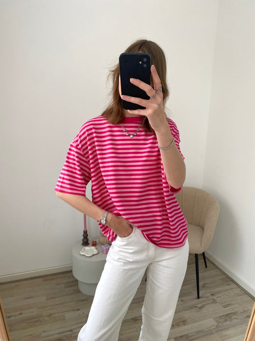 Shirt met korte mouw en strepen in het roze met fuchsia 