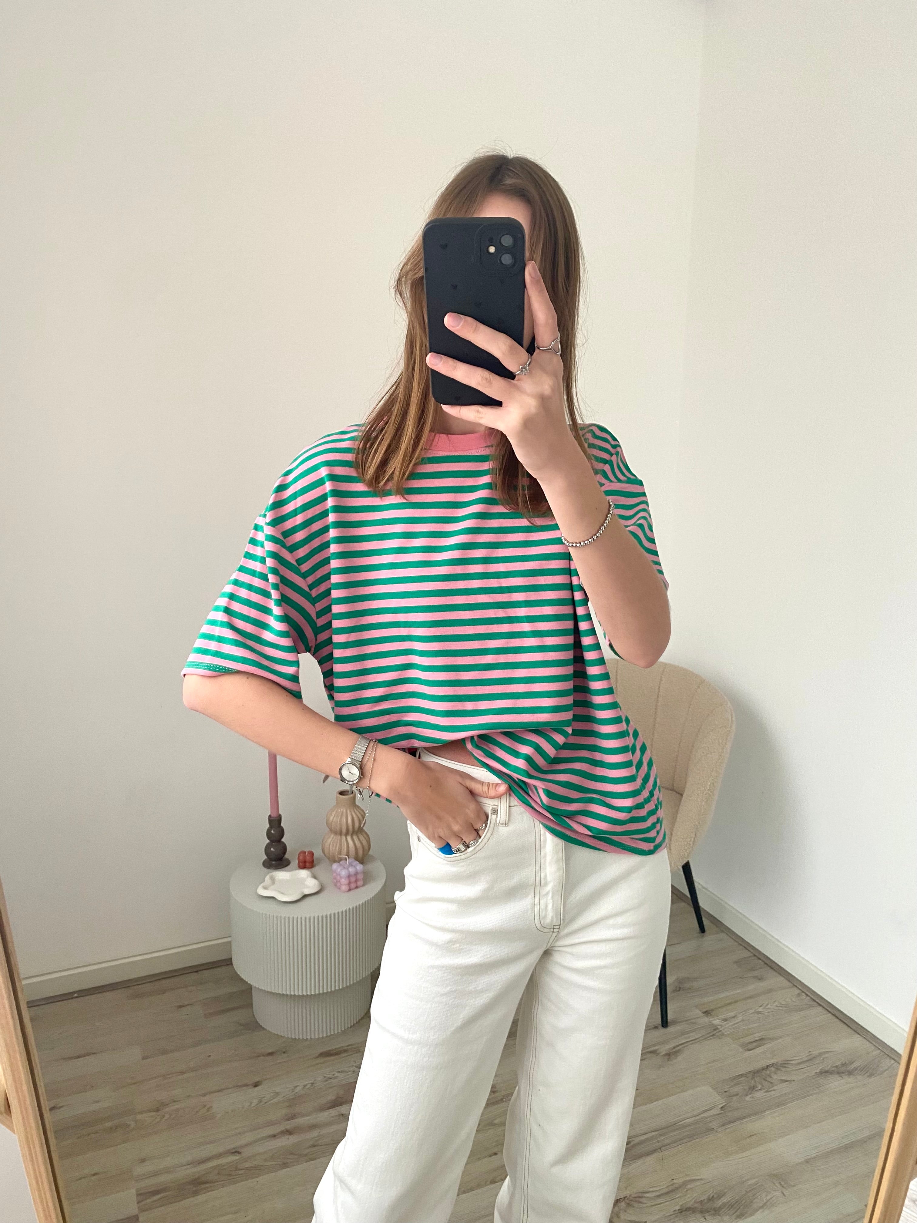 Oversized shirt met strepen in groen met roze kleur
