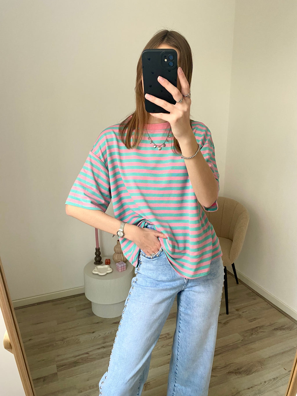 Oversized fit korte mouw shirt met strepen in mint met roze