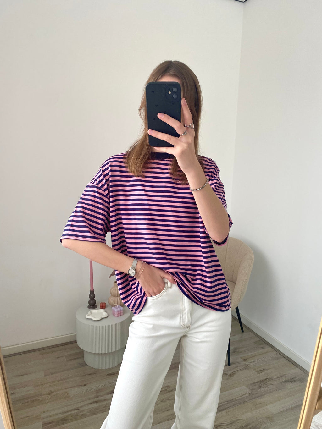 Oversized shirt met strepen in roze met navy kleur