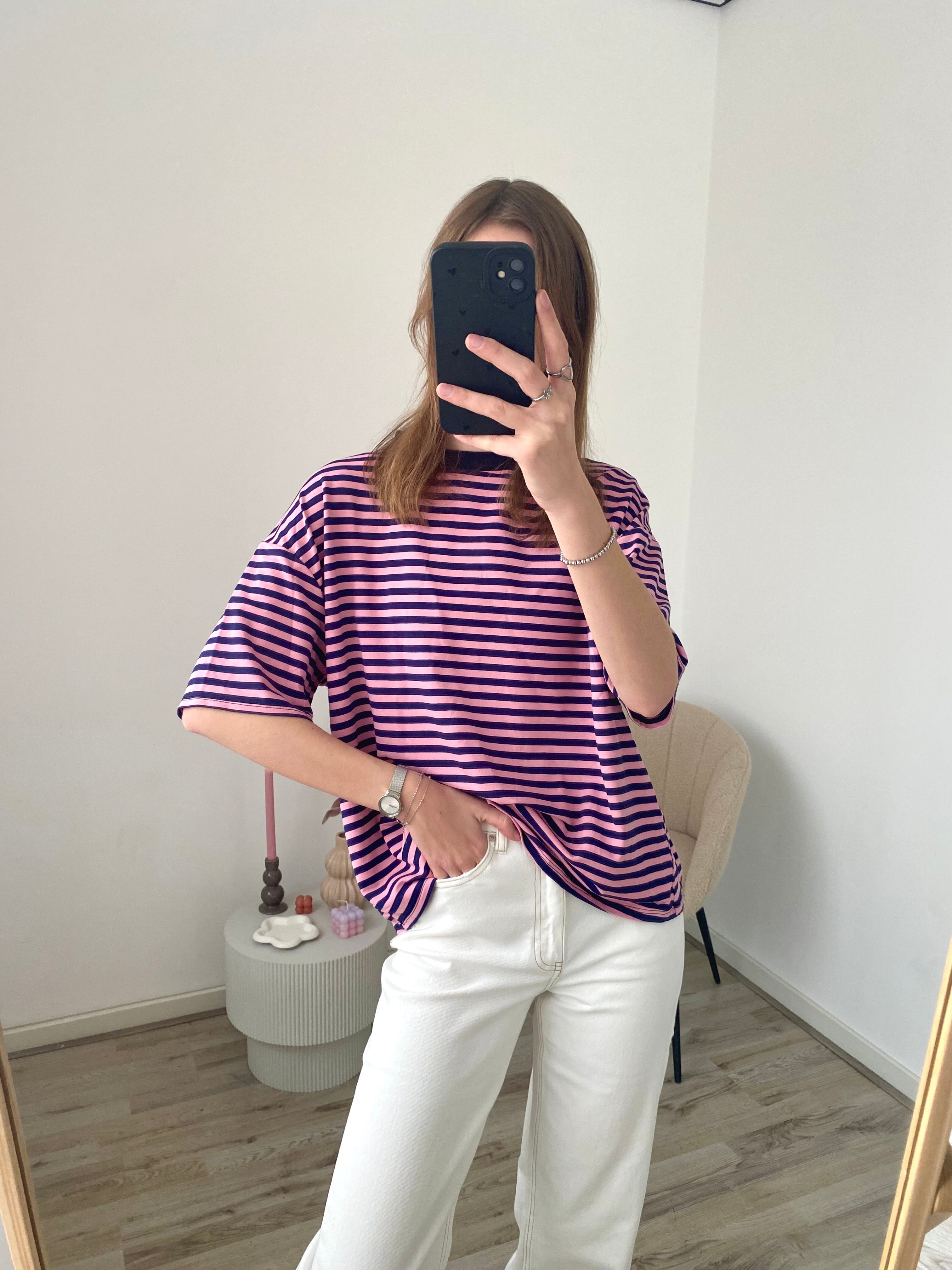 Oversized shirt met strepen in roze met navy kleur