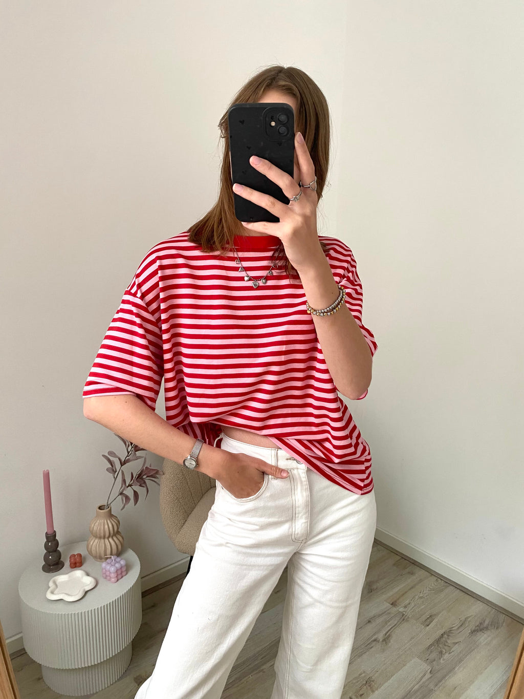 Shirt met korte mouw en strepen in het roze met rood