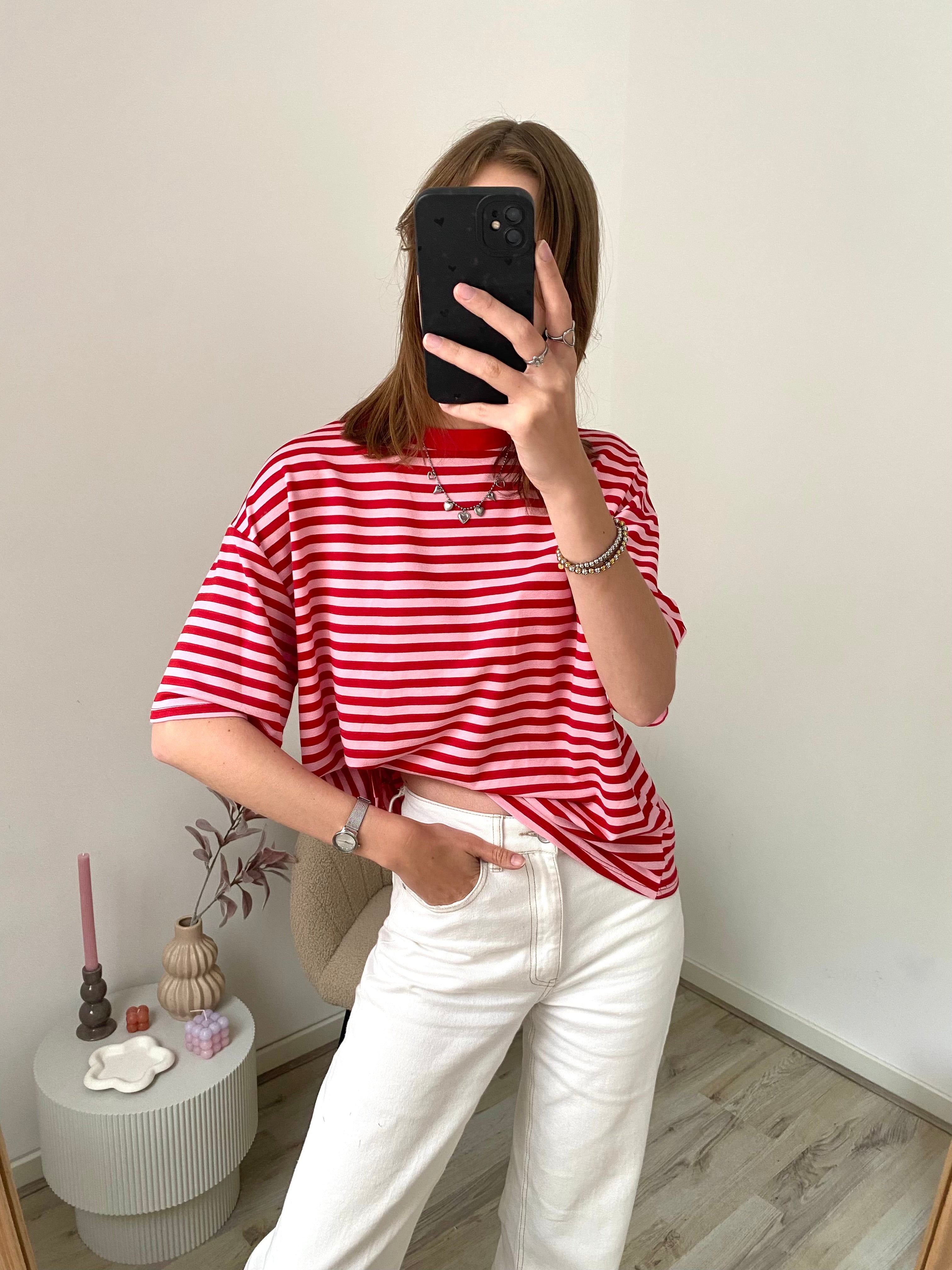 Shirt met korte mouw en strepen in het roze met rood