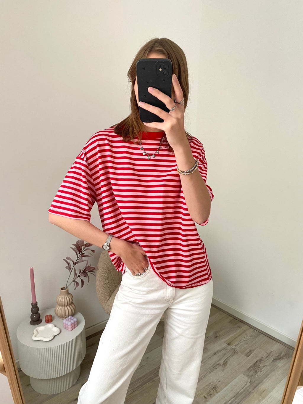Shirt met korte mouw en strepen in het roze met rood