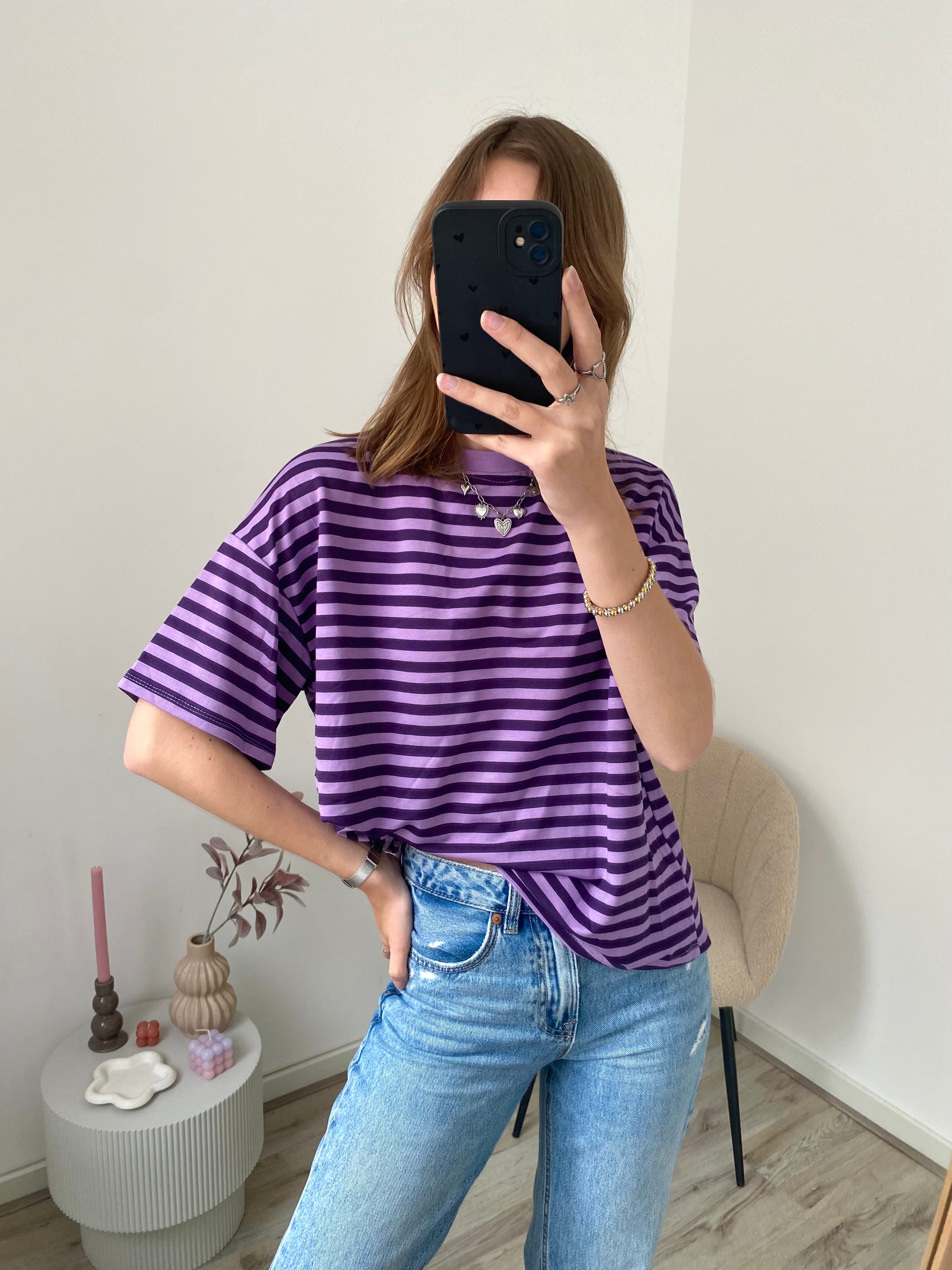 Shirt met korte mouw en strepen in paars met lila