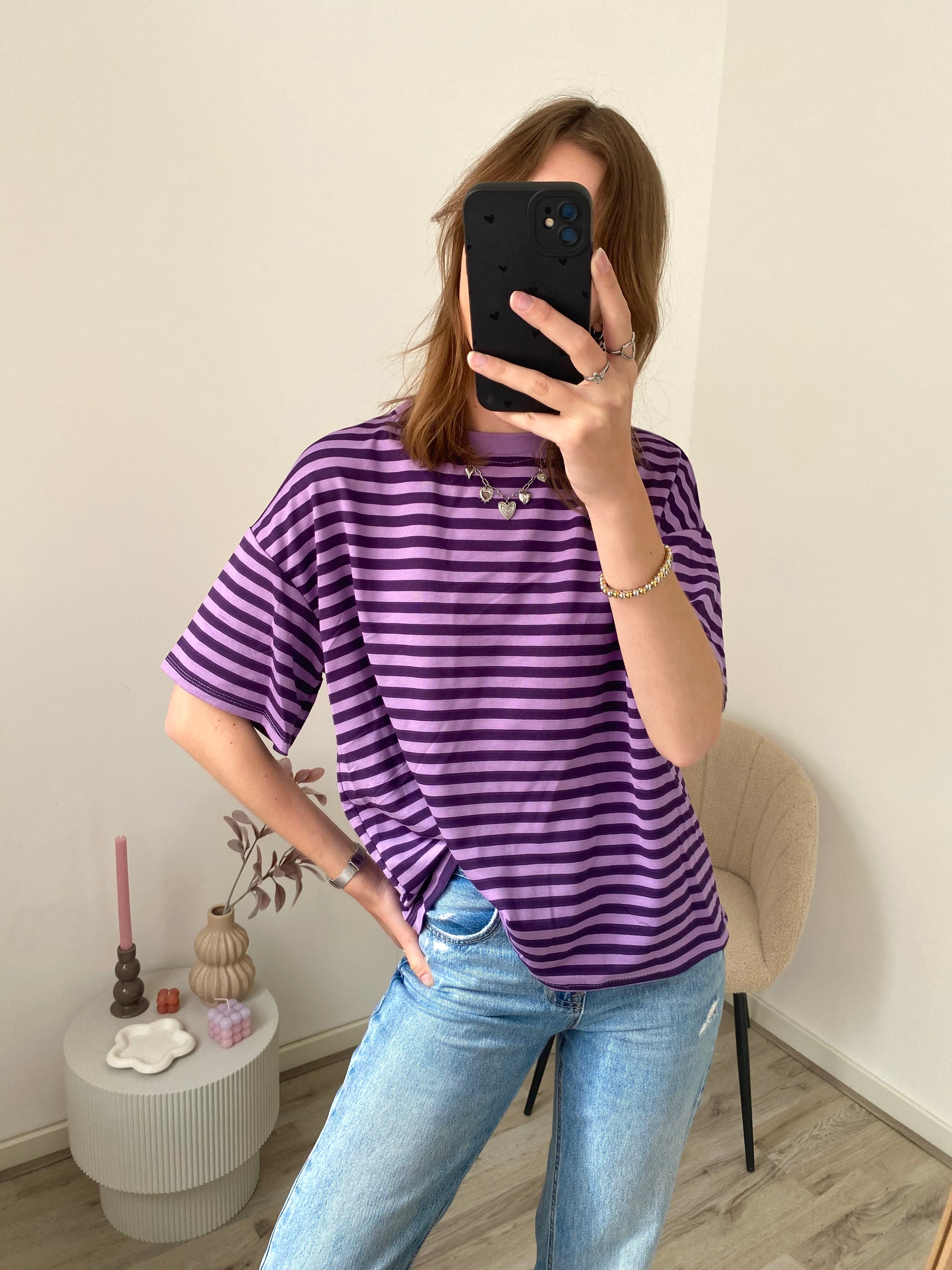 Shirt met korte mouw en strepen in paars met lila