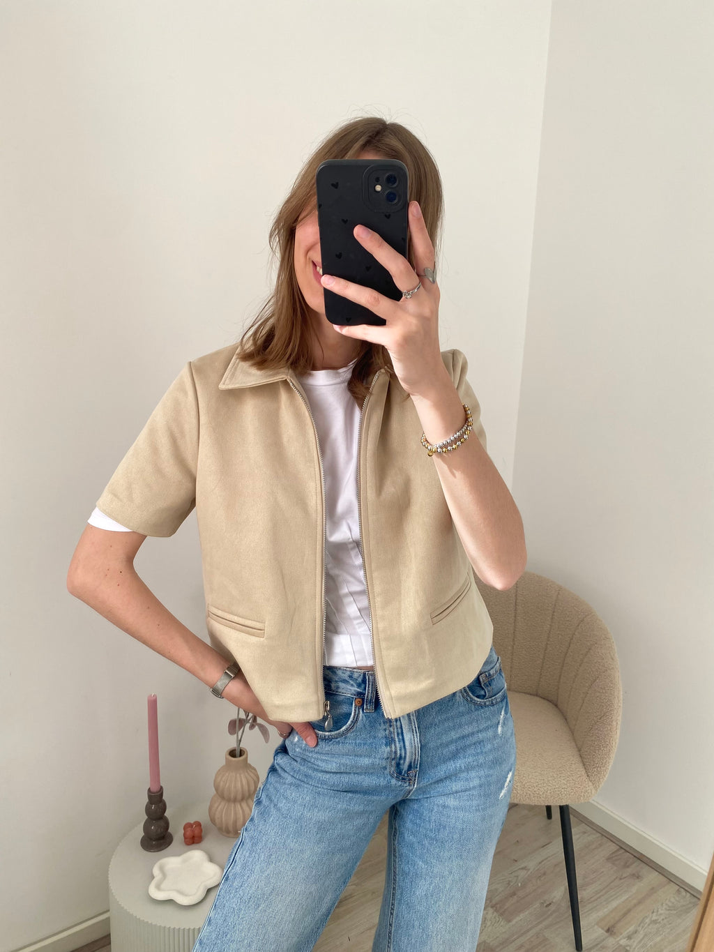 Suede zipper top met rits in beige kleur