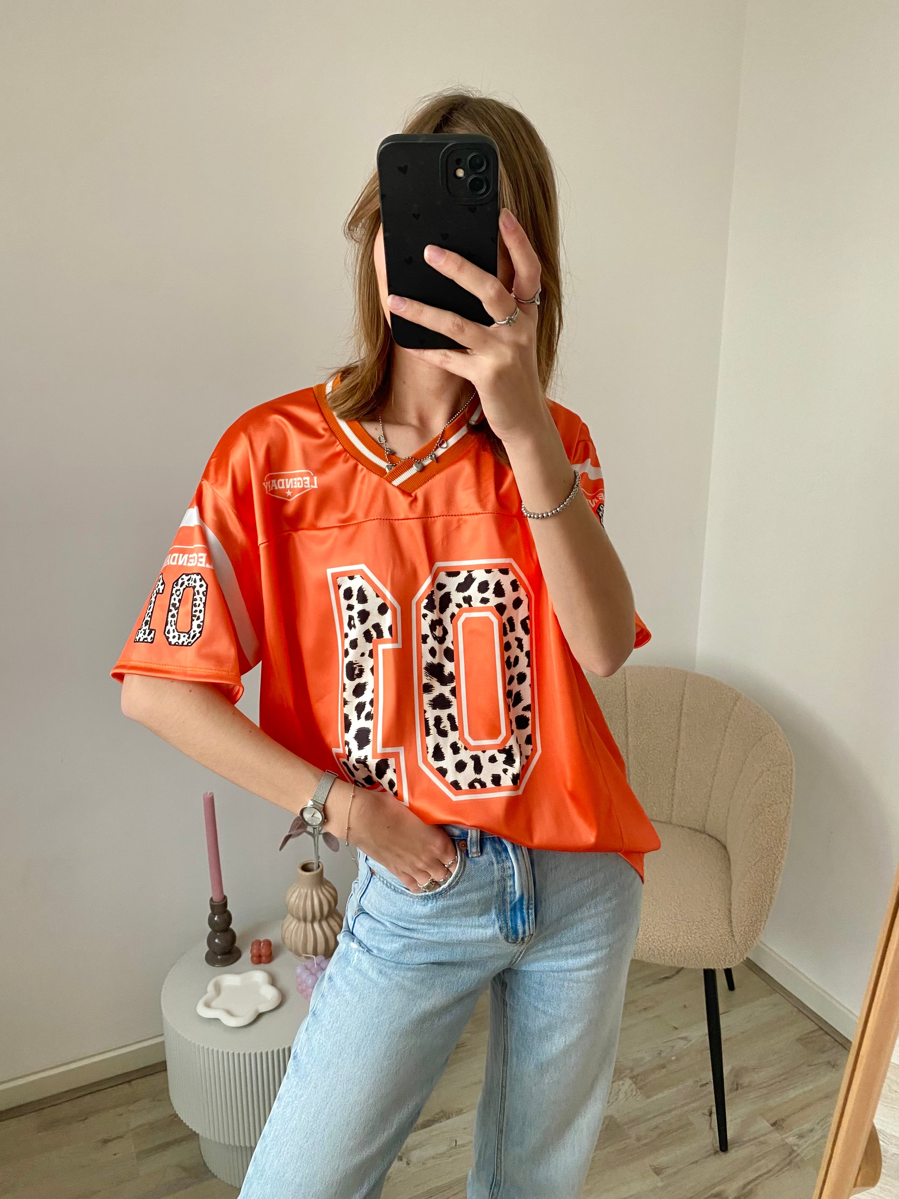 Oversized jersey shirt met panterprint in het oranje 