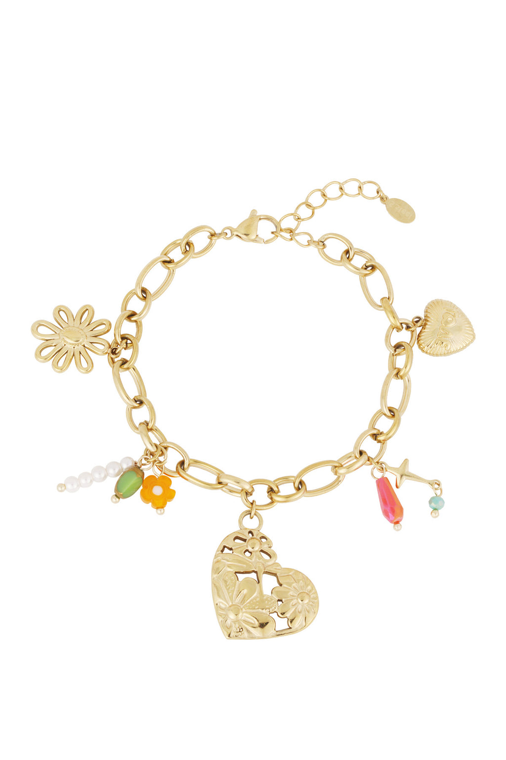 Bedelarmband met hartjes, bloem en kralen goud