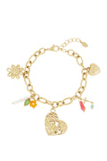 Bedelarmband met hartjes, bloem en kralen goud
