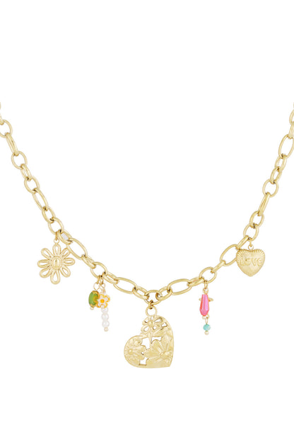Hartjes bedelketting met bloem en kleur in het goud
