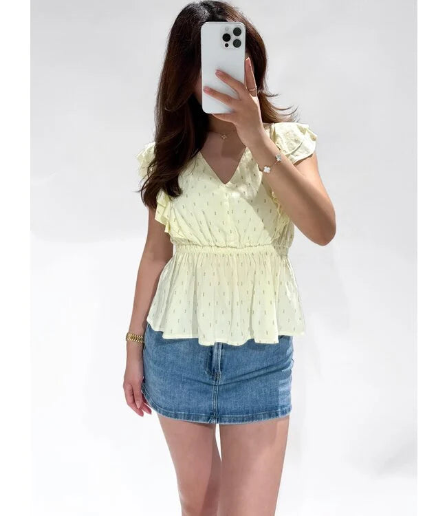 Blouse top ruches mouwloos geel