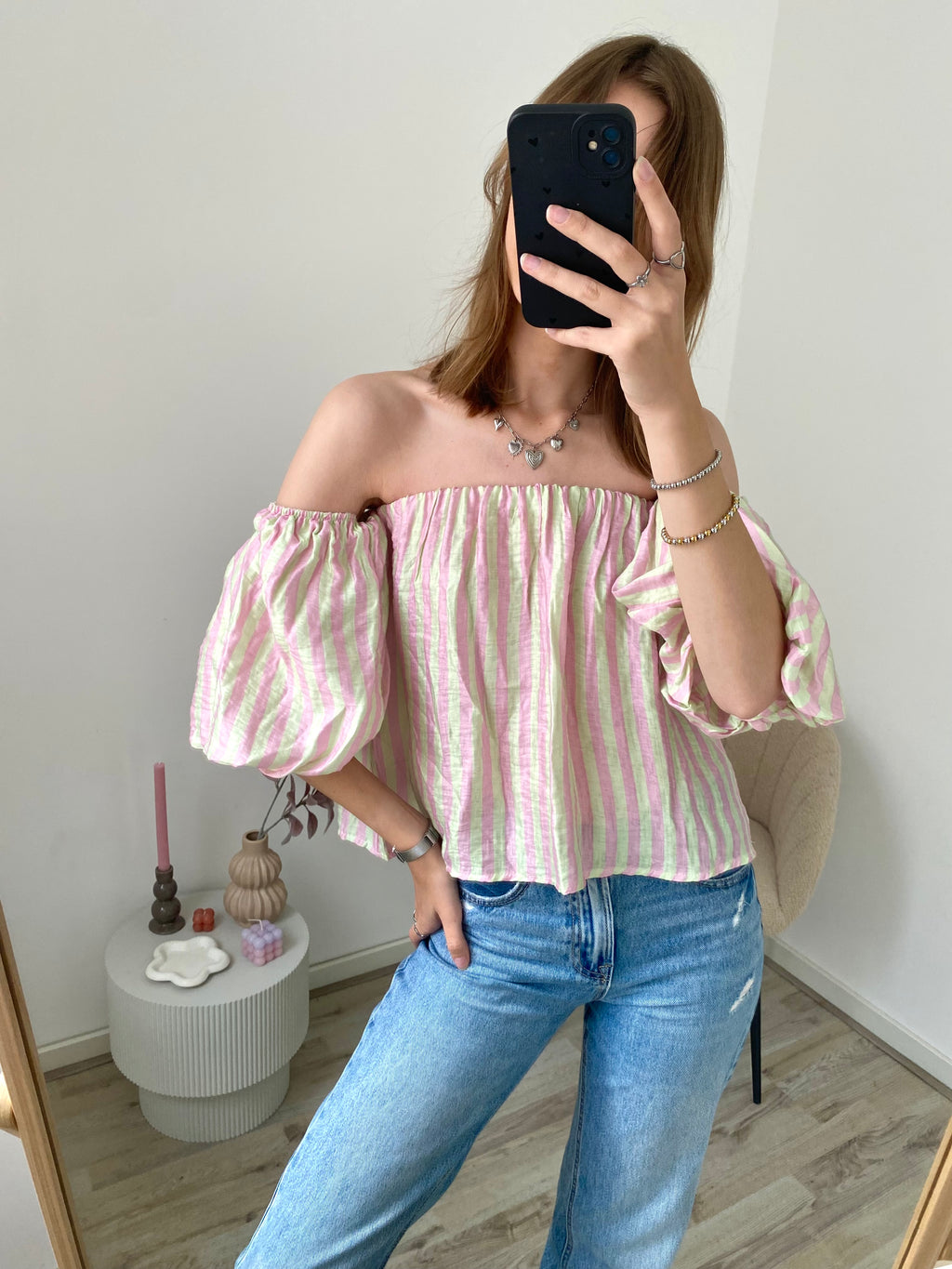 Top met off shoulder effect en korte mouwen met strepen in het roze met wit/mint