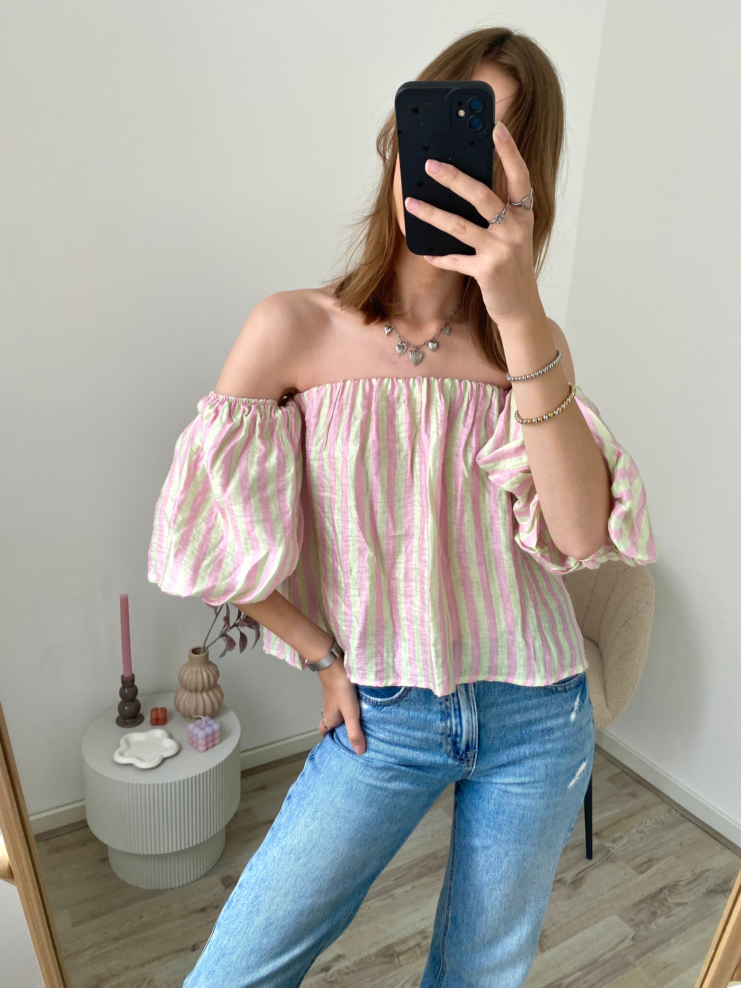 Top met off shoulder effect en korte mouwen met strepen in het roze met wit/mint