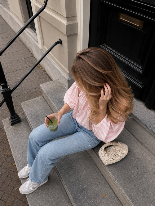 Top met off shoulder effect en korte mouwen met strepen in het roze met wit/mint