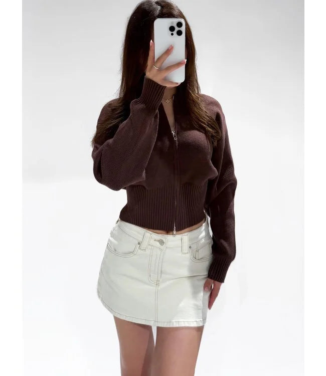 Cardigan met lange mouw en ritssluiting in bruine kleur