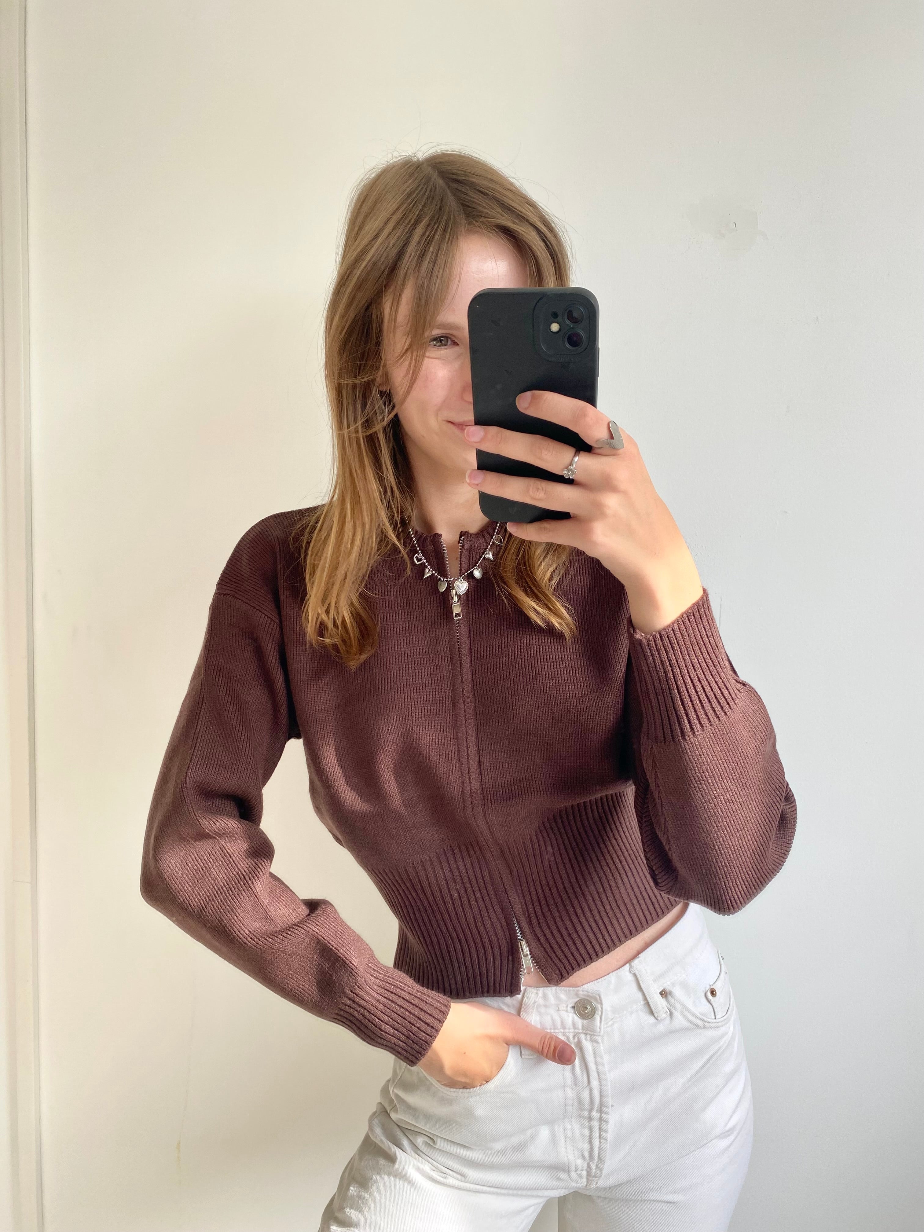Zip cardigan met lange mouw in bruine kleur