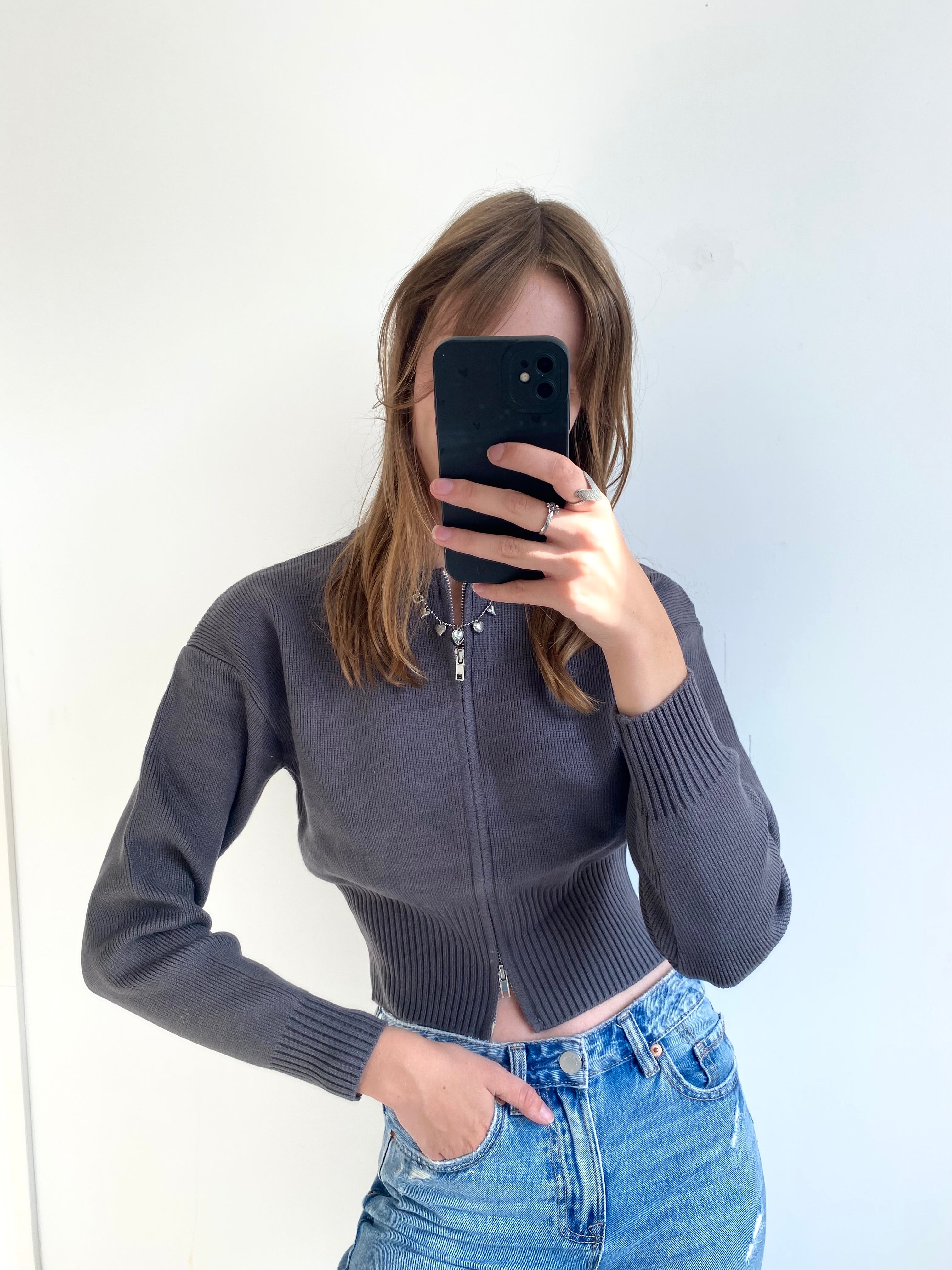 Zip cardigan met lange mouw in donkergrijze kleur