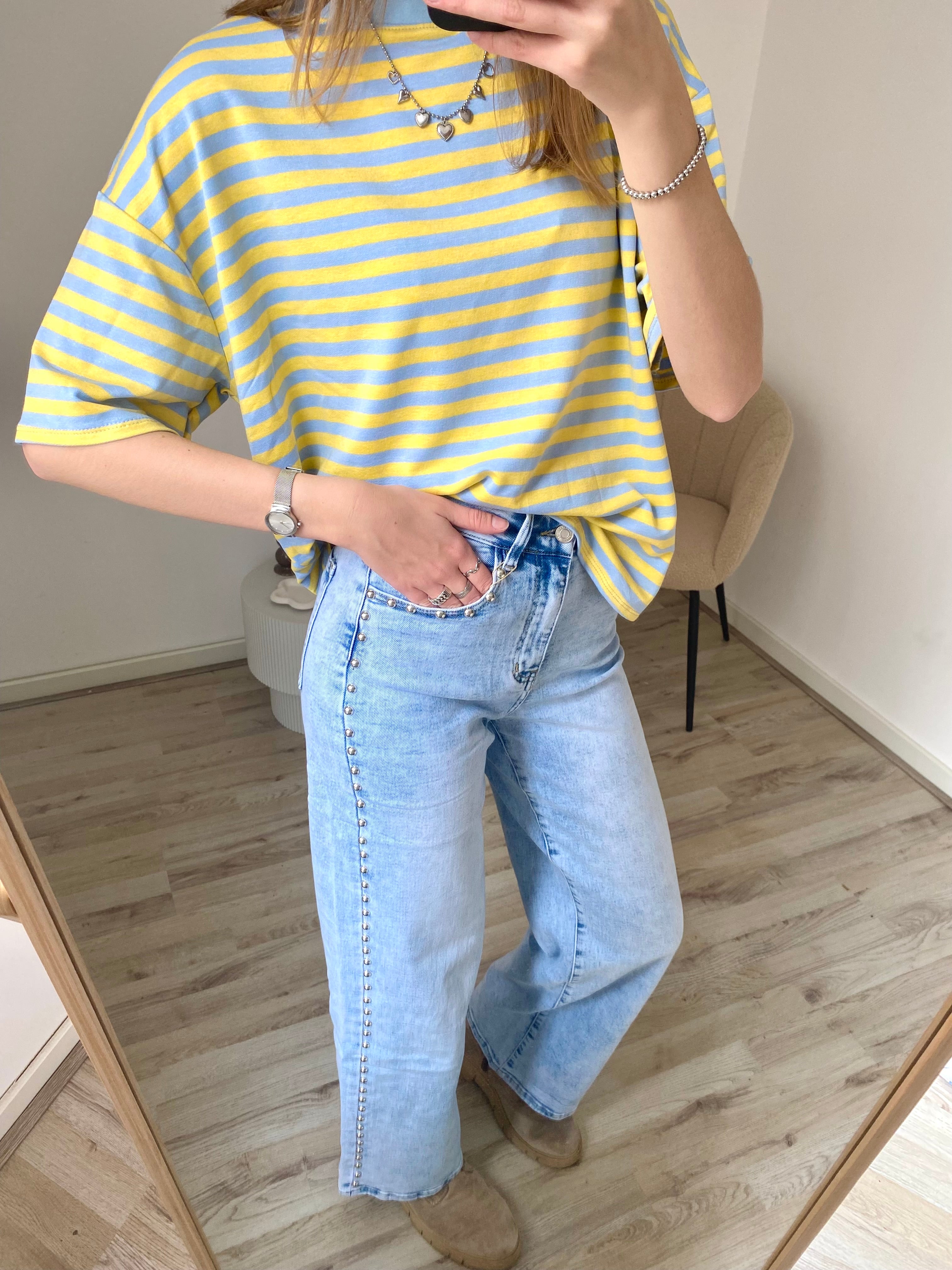 Wide leg jeans met studs in blauwe wassing