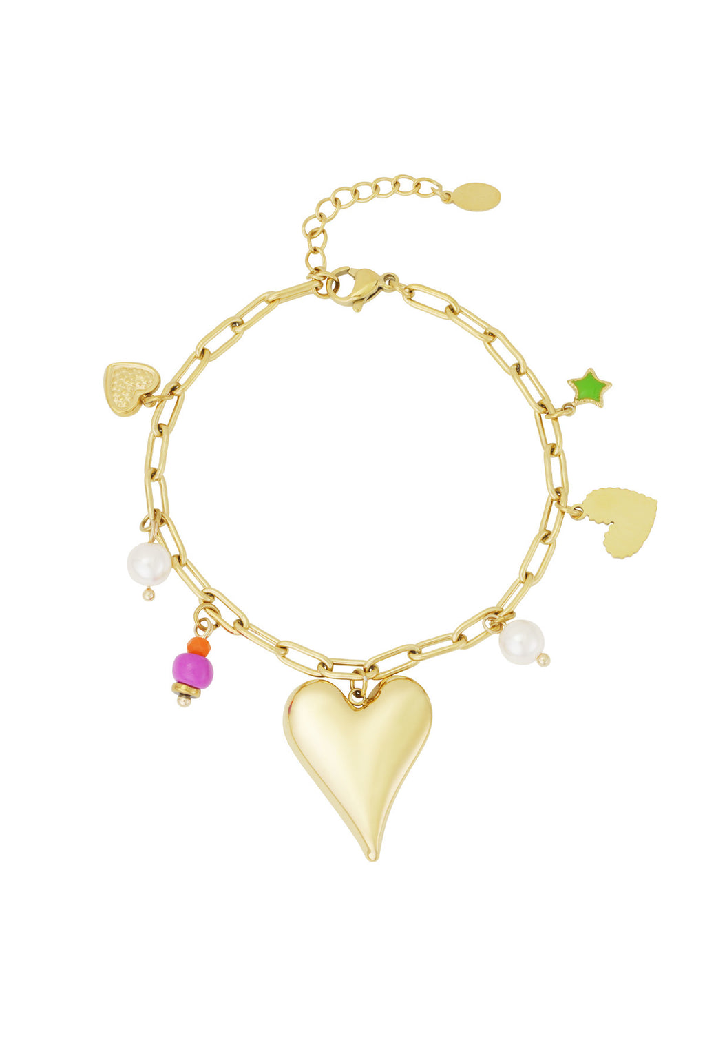 Bedelarmband met schakels en bedels van hartjes en parels goud
