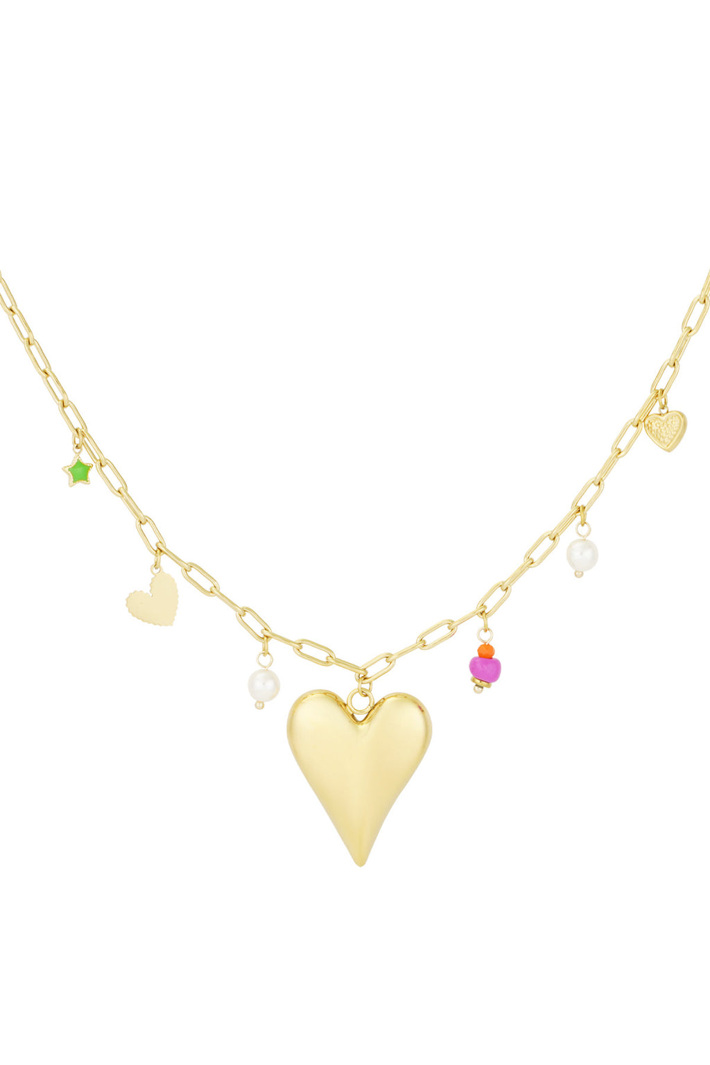 Bedelketting met hartjes bedels en parels in het goud