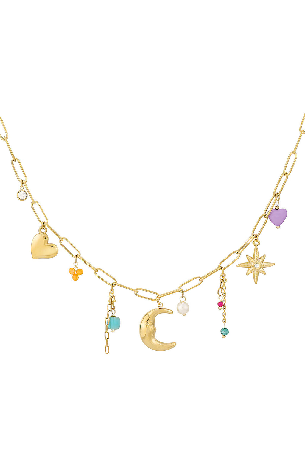 Bedelketting met hart, maan, ster en kralen bedels goud