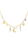 Bedelketting met hart, maan, ster en kralen bedels goud