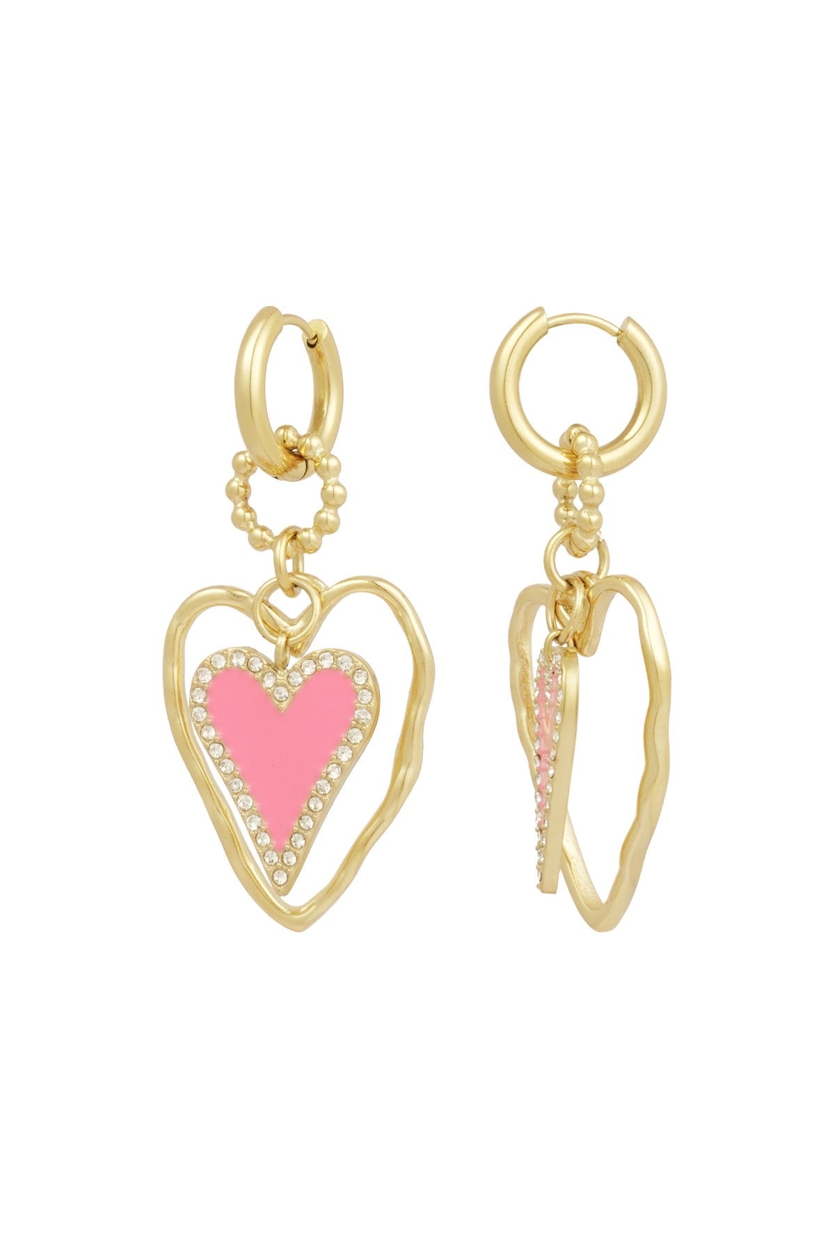 Statement gouden hartjes oorbellen met roze details