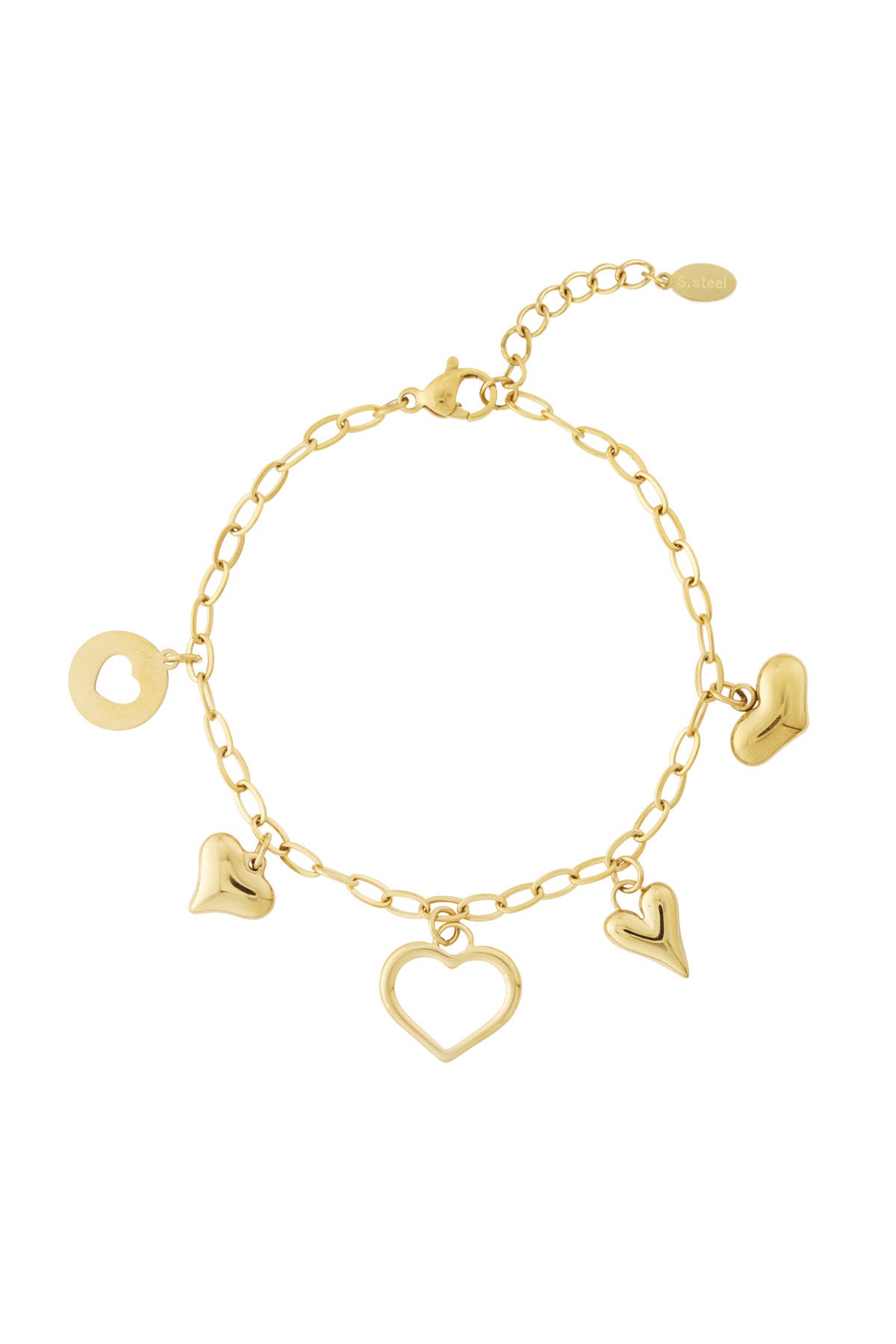 Armband met fijne schakels en verschillende hartjes bedels goud