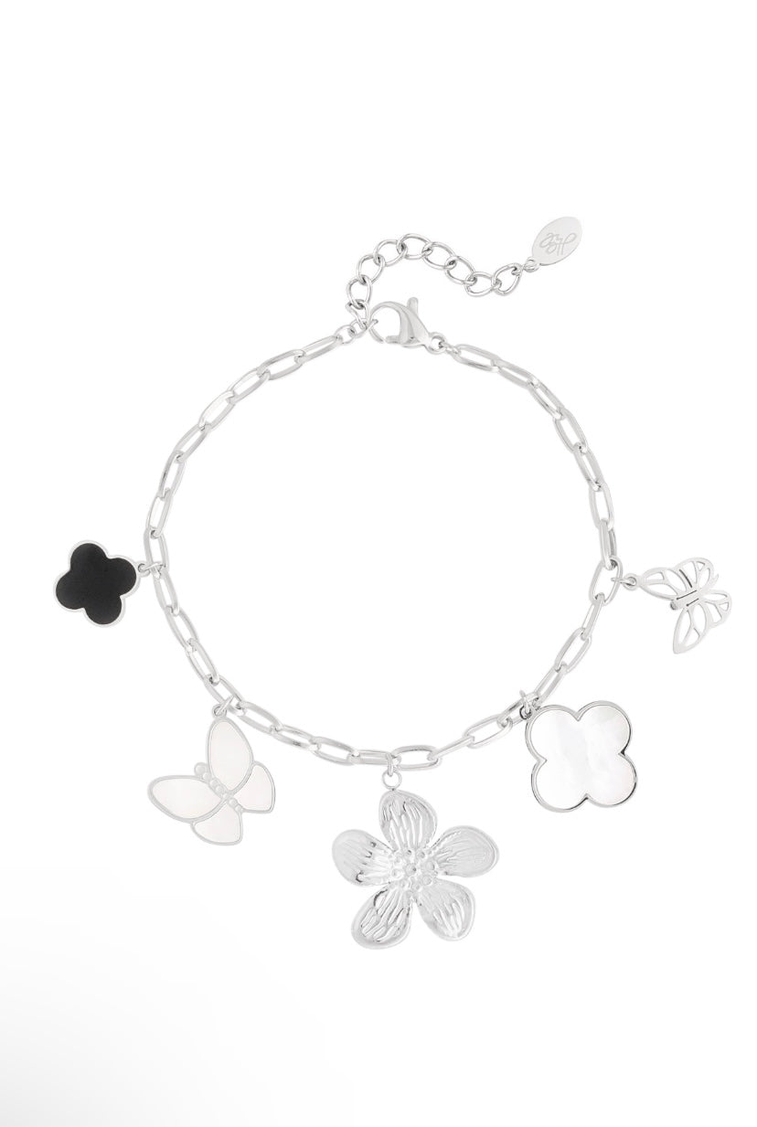 Zilveren armband met bedels van klaver en vlinder stainless steel 