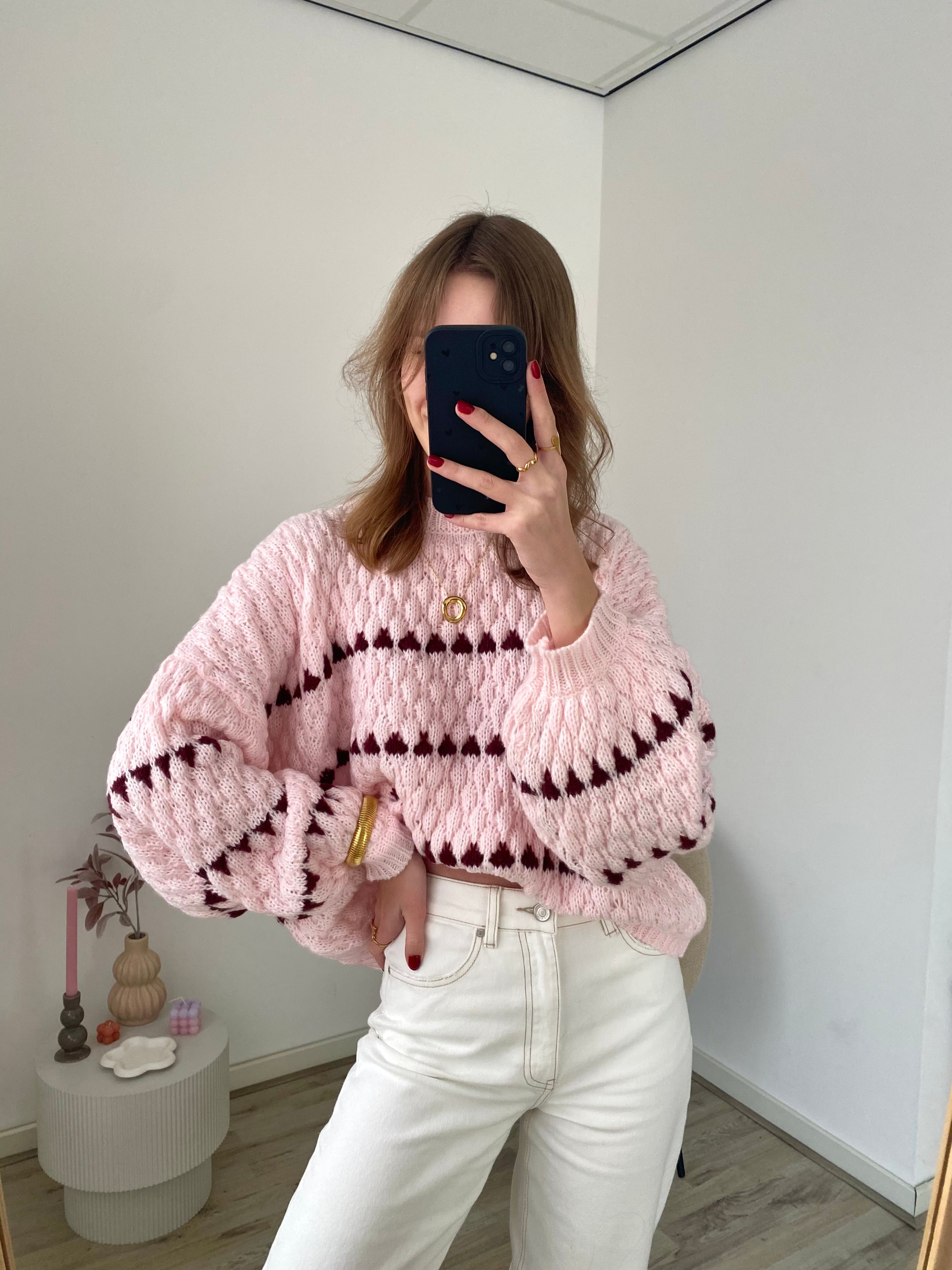 Oversized sweater met print in het roze met bordeaux