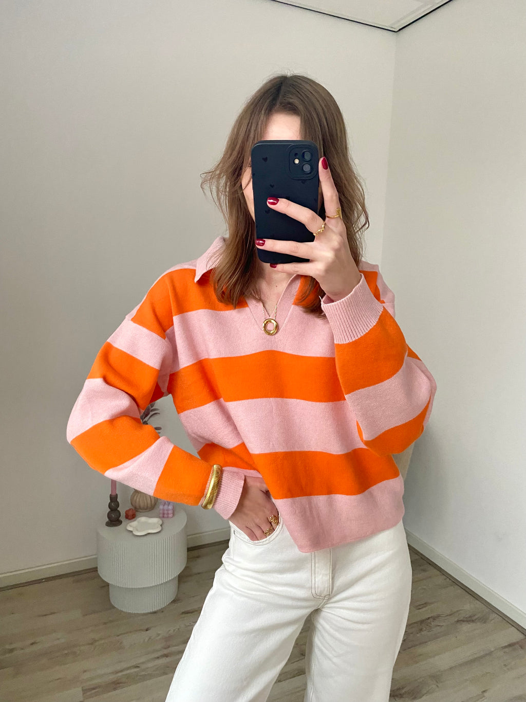 Polo sweater met lange mouw en strepen in roze en oranje