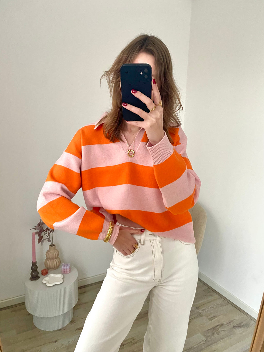 Polo sweater met lange mouw en strepen in roze en oranje