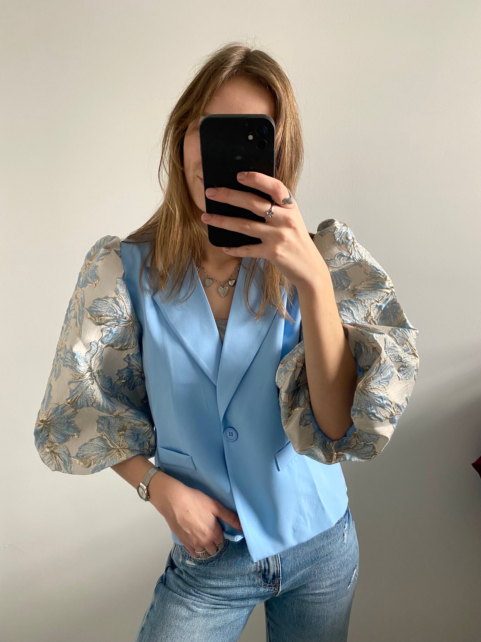 Blazer met pofmouw en bloemenprint in het lichtblauw