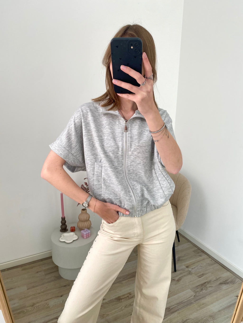 Zipper top vestje korte mouw met rits in het lichtgrijs