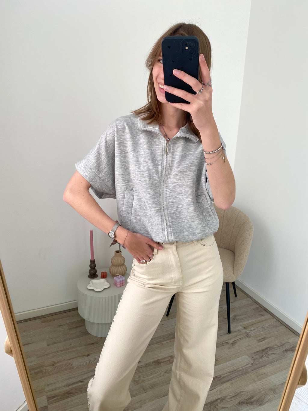 Zipper top vestje korte mouw met rits in het lichtgrijs