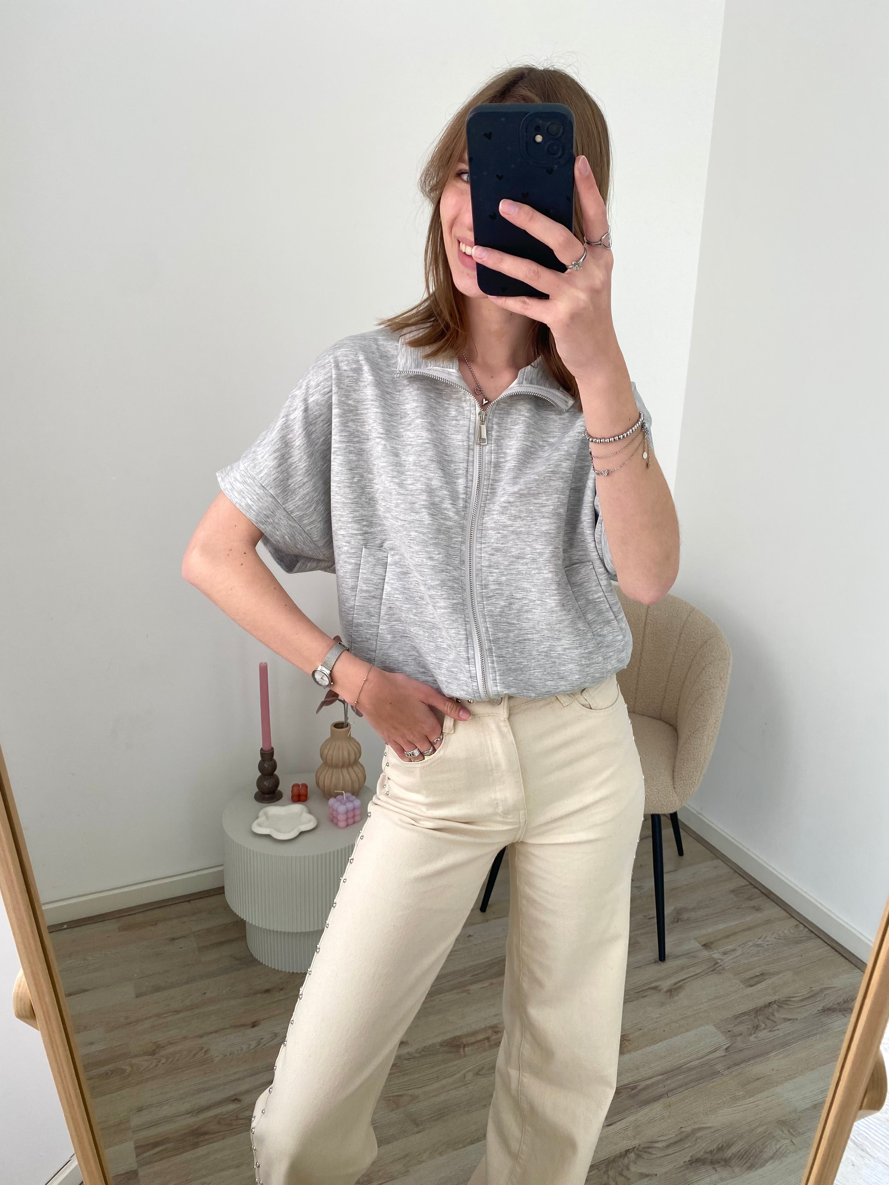 Zipper top vestje korte mouw met rits in het lichtgrijs