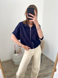 Zipper top met korte mouw en rits in navy kleur