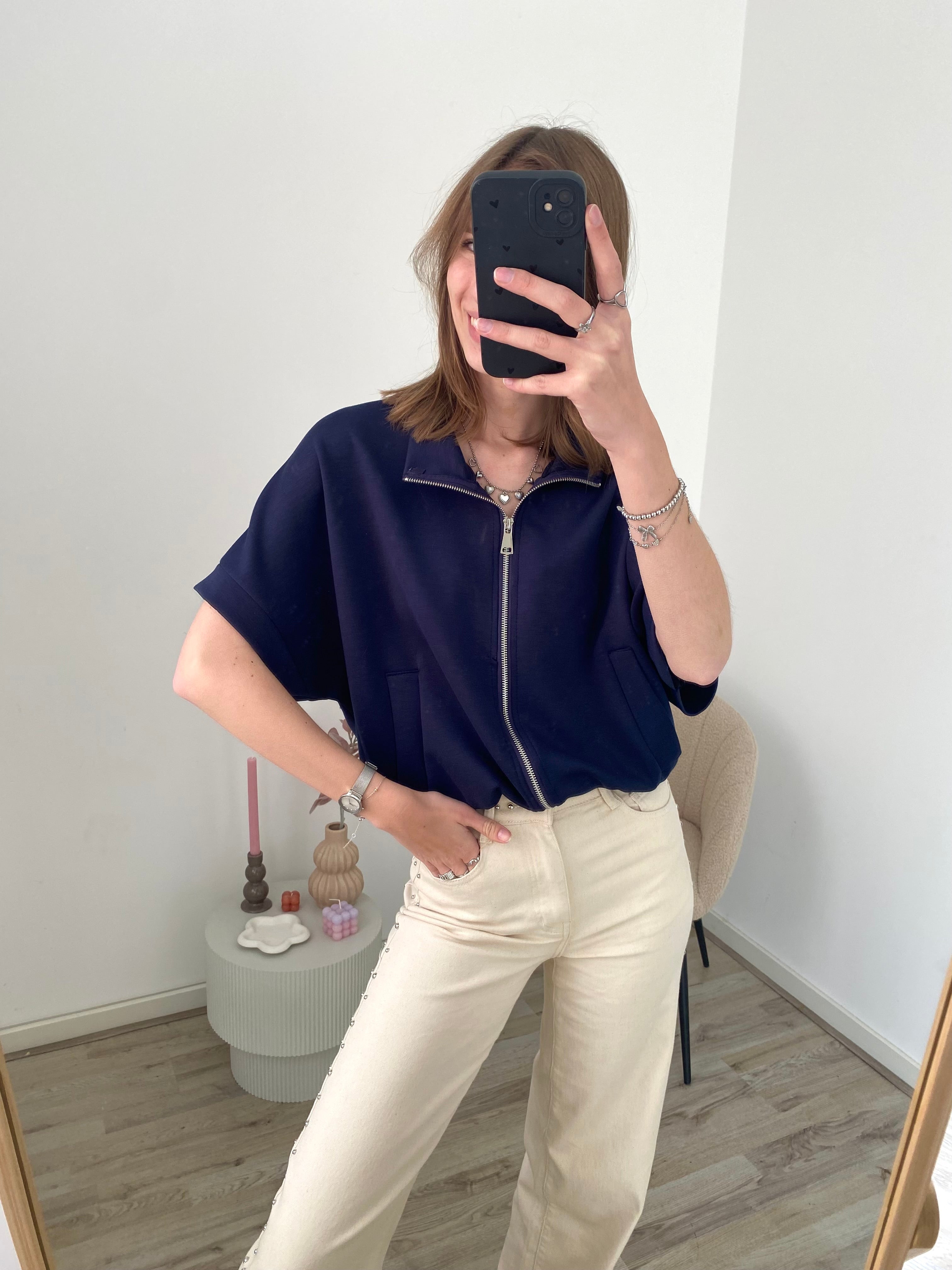 Zipper top met korte mouw en rits in navy kleur